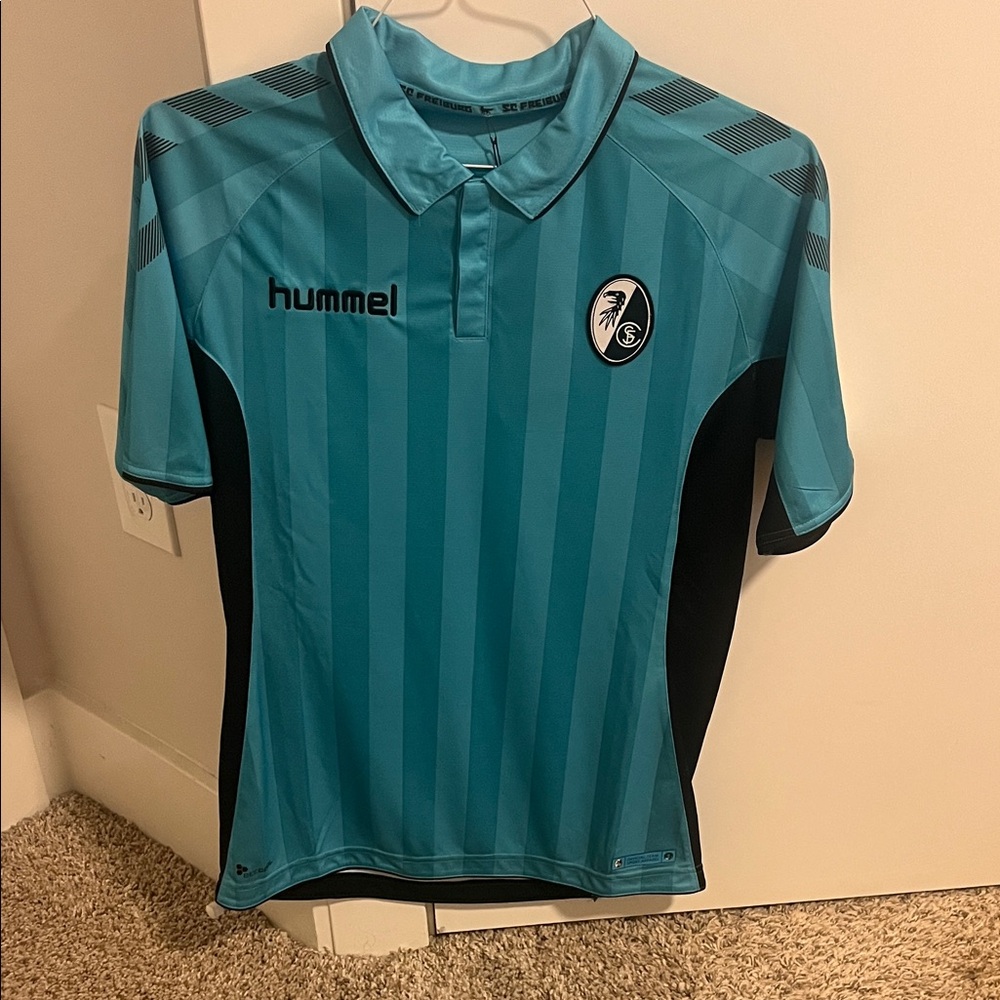 New SC Freiburg Hummel Turquoise and Black Striped Polo Size XS